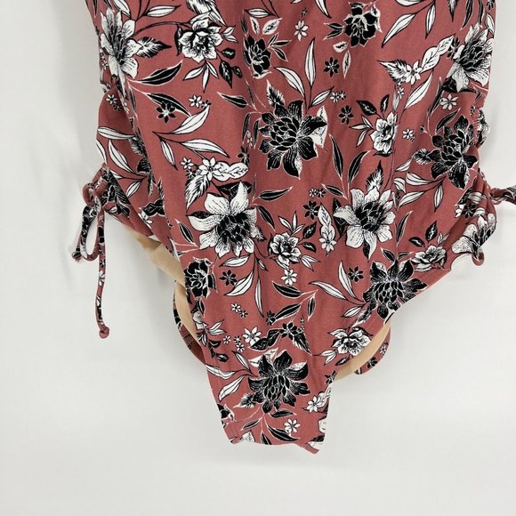 Kona Sol Swimsuit One Piece Pink Floral Print V Neck Side Cinch - Picture 4 of 12